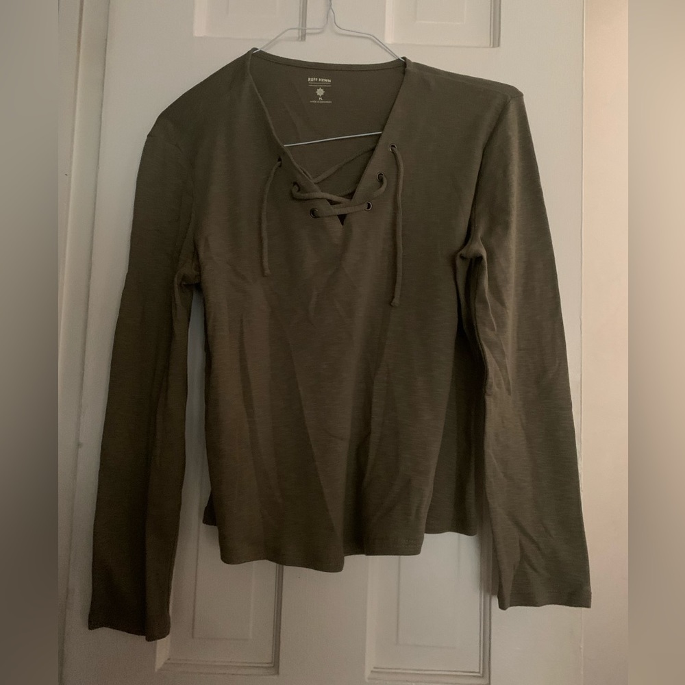 Ruff Hewn Woman’s Lace Up Top | Dark Olive Green Long Sleeve Tunic